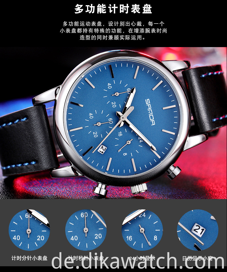 SANDA 1034 Business Herren Luxusuhr Wasserdichte Drei-Augen Sechs-Pin Casual Herren Quarz Lederuhr